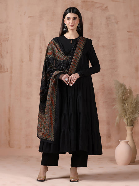 Maroon Pure Cotton Solid Round Neck Full Sleeves Calf Length Flared Kurta Pant And Dupatta Set