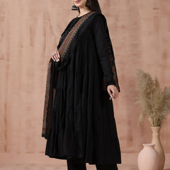 Maroon Pure Cotton Solid Round Neck Full Sleeves Calf Length Flared Kurta Pant And Dupatta Set