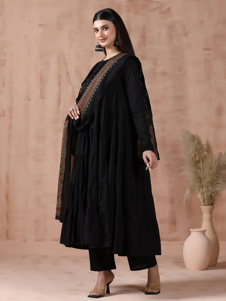 Black Pure Cotton Solid Round Neck Full Sleeves Calf Length Flared Kurta Pant And Dupatta Set