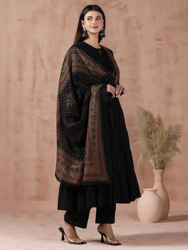 Maroon Pure Cotton Solid Round Neck Full Sleeves Calf Length Flared Kurta Pant And Dupatta Set