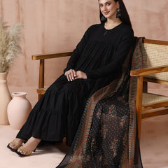 Maroon Pure Cotton Solid Round Neck Full Sleeves Calf Length Flared Kurta Pant And Dupatta Set