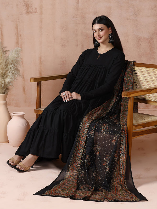 Maroon Pure Cotton Solid Round Neck Full Sleeves Calf Length Flared Kurta Pant And Dupatta Set