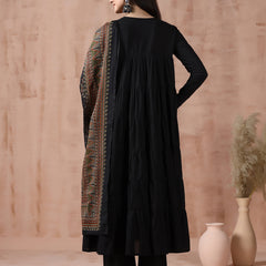 Maroon Pure Cotton Solid Round Neck Full Sleeves Calf Length Flared Kurta Pant And Dupatta Set