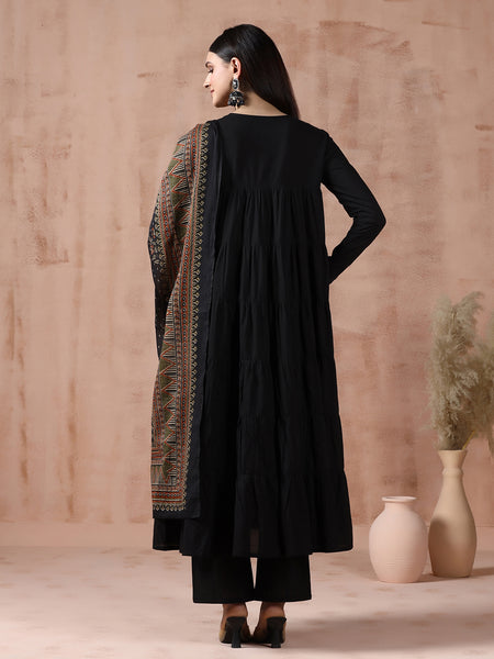 Black Pure Cotton Solid Round Neck Full Sleeves Calf Length Flared Kurta Pant And Dupatta Set