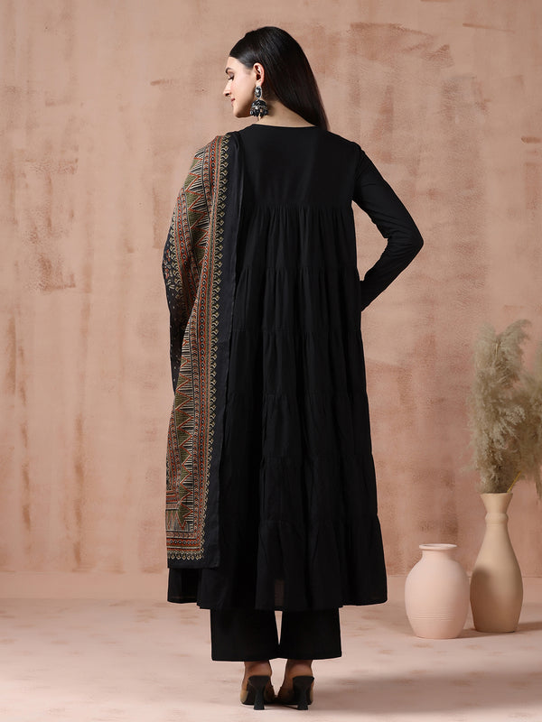 Maroon Pure Cotton Solid Round Neck Full Sleeves Calf Length Flared Kurta Pant And Dupatta Set