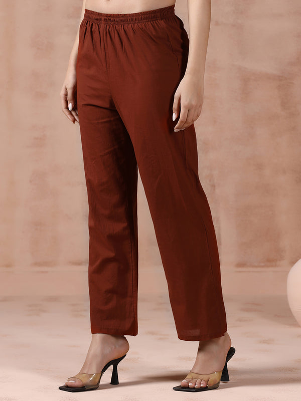 Maroon Pure Cotton Solid Round Neck Full Sleeves Calf Length Flared Kurta Pant And Dupatta Set