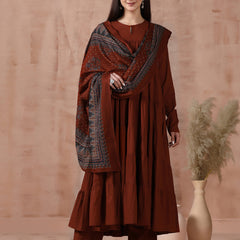 Maroon Pure Cotton Solid Round Neck Full Sleeves Calf Length Flared Kurta Pant And Dupatta Set