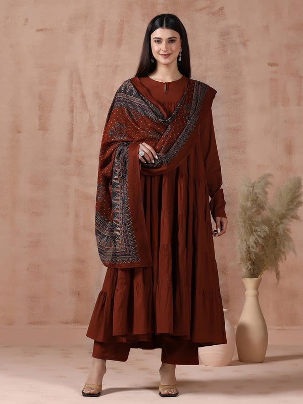 Maroon Pure Cotton Solid Round Neck Full Sleeves Calf Length Flared Kurta Pant And Dupatta Set