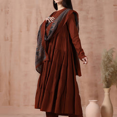 Maroon Pure Cotton Solid Round Neck Full Sleeves Calf Length Flared Kurta Pant And Dupatta Set
