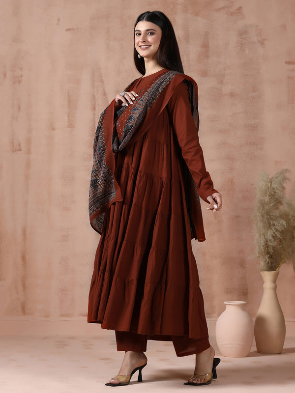Maroon Pure Cotton Solid Round Neck Full Sleeves Calf Length Flared Kurta Pant And Dupatta Set