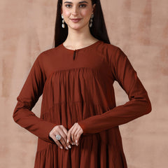 Maroon Pure Cotton Solid Round Neck Full Sleeves Calf Length Flared Kurta Pant And Dupatta Set