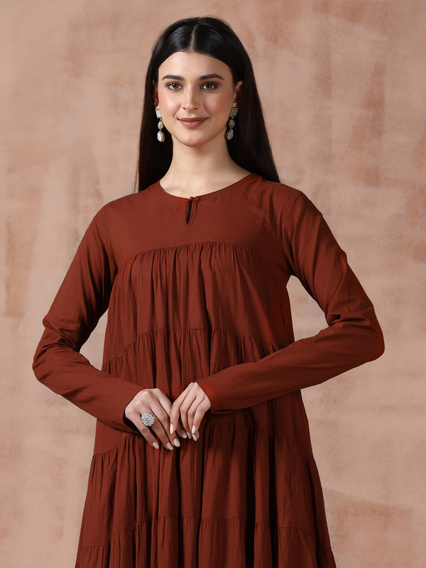Maroon Pure Cotton Solid Round Neck Full Sleeves Calf Length Flared Kurta Pant And Dupatta Set