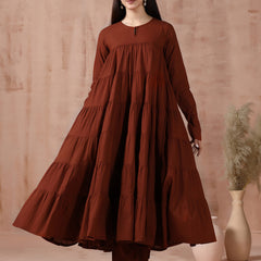 Maroon Pure Cotton Solid Round Neck Full Sleeves Calf Length Flared Kurta Pant And Dupatta Set