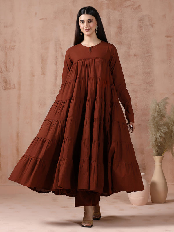 Maroon Pure Cotton Solid Round Neck Full Sleeves Calf Length Flared Kurta Pant And Dupatta Set