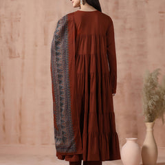 Maroon Pure Cotton Solid Round Neck Full Sleeves Calf Length Flared Kurta Pant And Dupatta Set