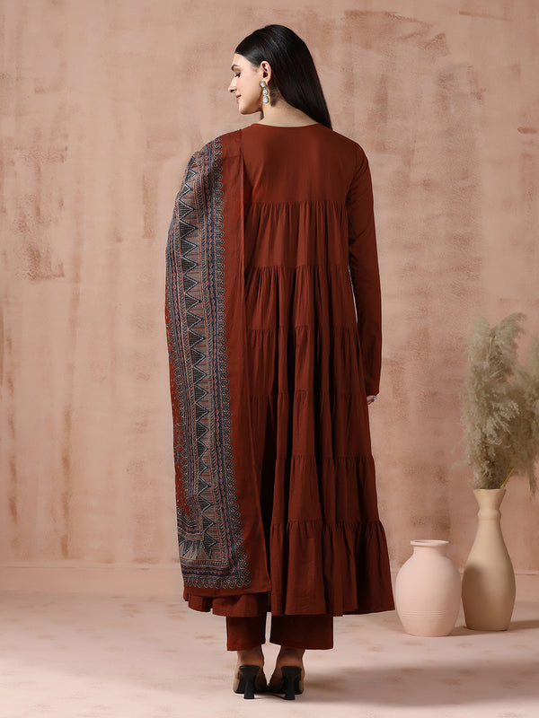Maroon Pure Cotton Solid Round Neck Full Sleeves Calf Length Flared Kurta Pant And Dupatta Set