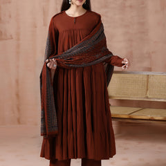 Maroon Pure Cotton Solid Round Neck Full Sleeves Calf Length Flared Kurta Pant And Dupatta Set