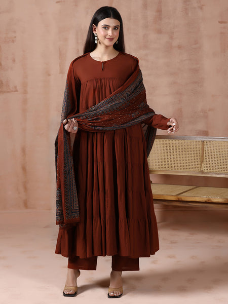 Maroon Pure Cotton Solid Round Neck Full Sleeves Calf Length Flared Kurta Pant And Dupatta Set