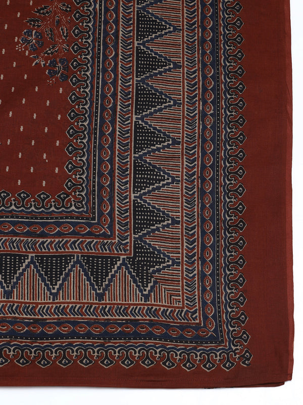 Maroon Pure Cotton Solid Round Neck Full Sleeves Calf Length Flared Kurta Pant And Dupatta Set