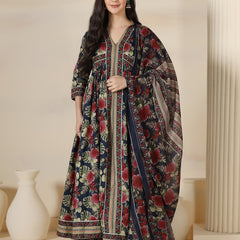 Navy Blue Cotton Printed V-Neck 3/4 Sleeves Calf Length Flared Kurta Pant And Dupatta Set Mizazjaipur