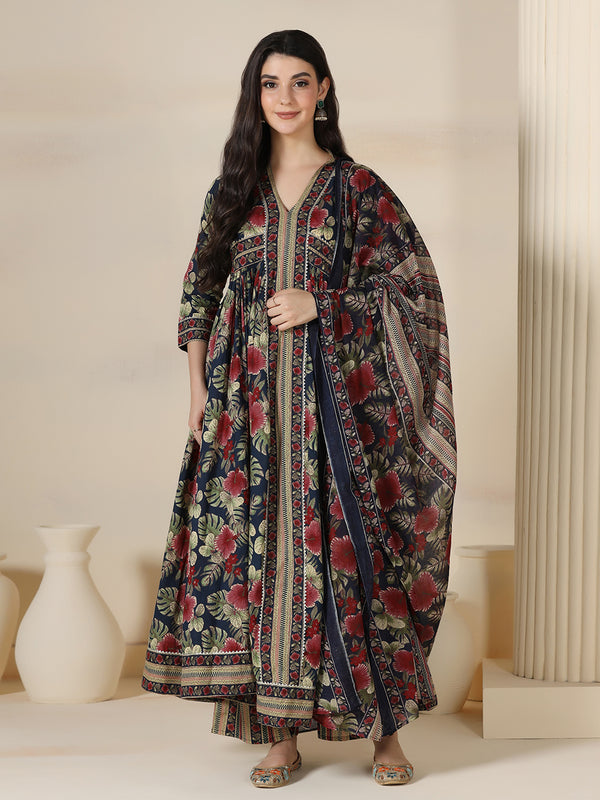 Navy Blue Cotton Printed V-Neck 3/4 Sleeves Calf Length Flared Kurta Pant And Dupatta Set Mizazjaipur