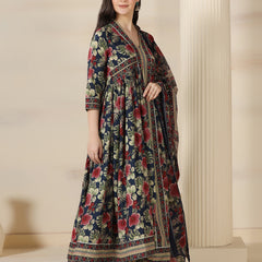 Navy Blue Cotton Printed V-Neck 3/4 Sleeves Calf Length Flared Kurta Pant And Dupatta Set Mizazjaipur