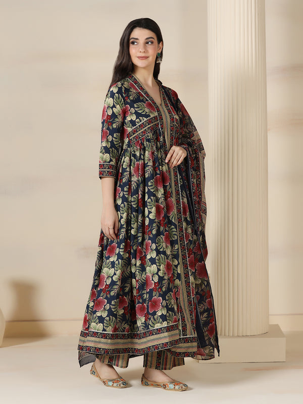 Navy Blue Cotton Printed V-Neck 3/4 Sleeves Calf Length Flared Kurta Pant And Dupatta Set Mizazjaipur