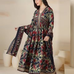 Navy Blue Cotton Printed V-Neck 3/4 Sleeves Calf Length Flared Kurta Pant And Dupatta Set Mizazjaipur