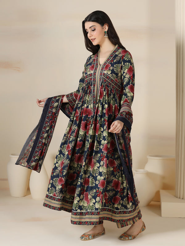 Navy Blue Cotton Printed V-Neck 3/4 Sleeves Calf Length Flared Kurta Pant And Dupatta Set Mizazjaipur