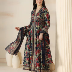 Navy Blue Cotton Printed V-Neck 3/4 Sleeves Calf Length Flared Kurta Pant And Dupatta Set Mizazjaipur
