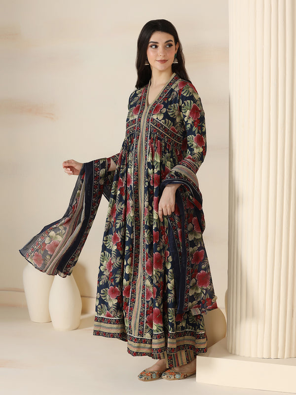 Navy Blue Cotton Printed V-Neck 3/4 Sleeves Calf Length Flared Kurta Pant And Dupatta Set Mizazjaipur