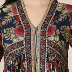 Navy Blue Cotton Printed V-Neck 3/4 Sleeves Calf Length Flared Kurta Pant And Dupatta Set Mizazjaipur
