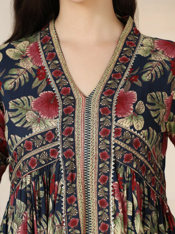 Navy Blue Cotton Printed V-Neck 3/4 Sleeves Calf Length Flared Kurta Pant And Dupatta Set Mizazjaipur
