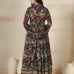 Navy Blue Cotton Printed V-Neck 3/4 Sleeves Calf Length Flared Kurta Pant And Dupatta Set Mizazjaipur