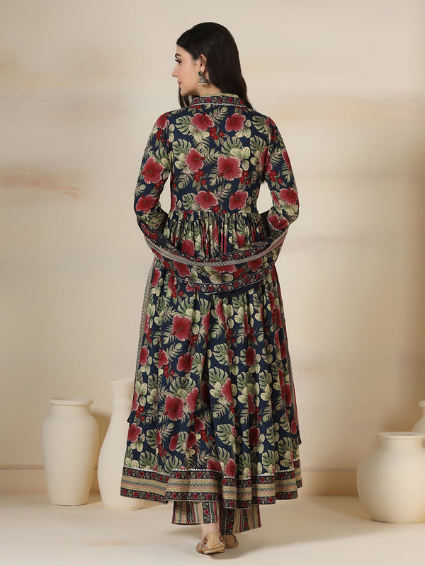 Navy Blue Cotton Printed V-Neck 3/4 Sleeves Calf Length Flared Kurta Pant And Dupatta Set Mizazjaipur