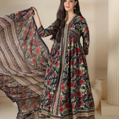 Navy Blue Cotton Printed V-Neck 3/4 Sleeves Calf Length Flared Kurta Pant And Dupatta Set Mizazjaipur