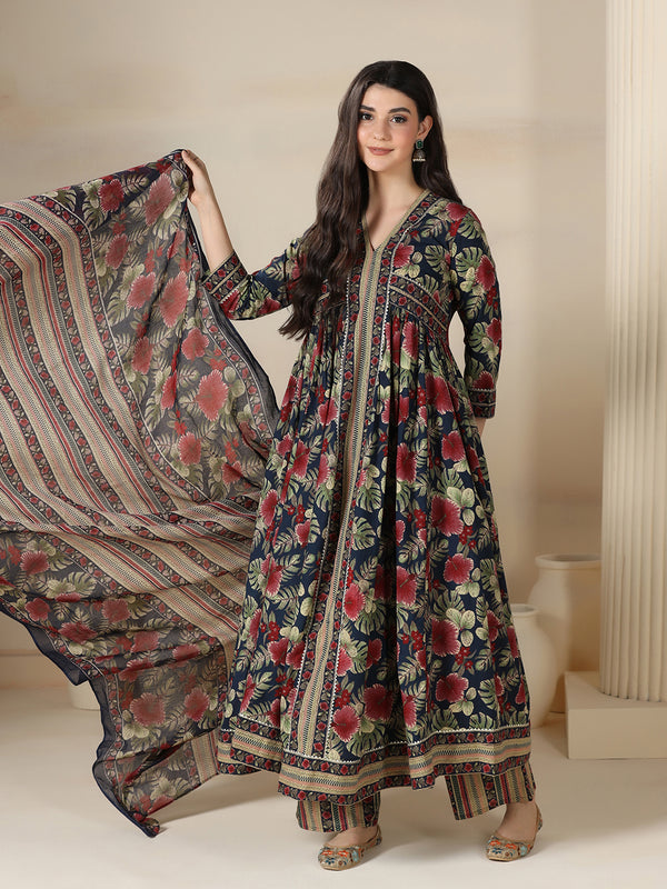 Navy Blue Cotton Printed V-Neck 3/4 Sleeves Calf Length Flared Kurta Pant And Dupatta Set Mizazjaipur
