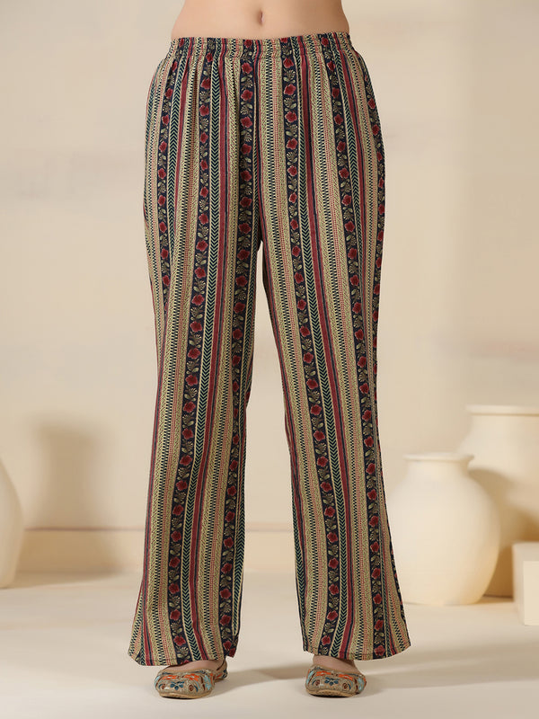 Navy Blue Cotton Printed V-Neck 3/4 Sleeves Calf Length Flared Kurta Pant And Dupatta Set Mizazjaipur
