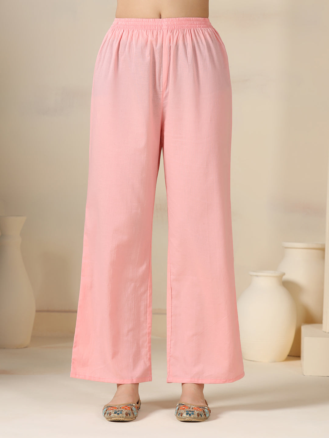 Cream Pure Cotton Printed Mirror Work V-Neck 3/4 Sleeves Calf Length Flared Kurta Pant And Dupatta Set Mizazjaipur