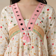 Cream Pure Cotton Printed Mirror Work V-Neck 3/4 Sleeves Calf Length Flared Kurta Pant And Dupatta Set Mizazjaipur