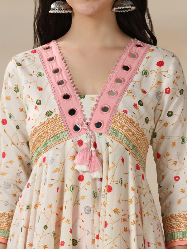 Cream Pure Cotton Printed Mirror Work V-Neck 3/4 Sleeves Calf Length Flared Kurta Pant And Dupatta Set Mizazjaipur