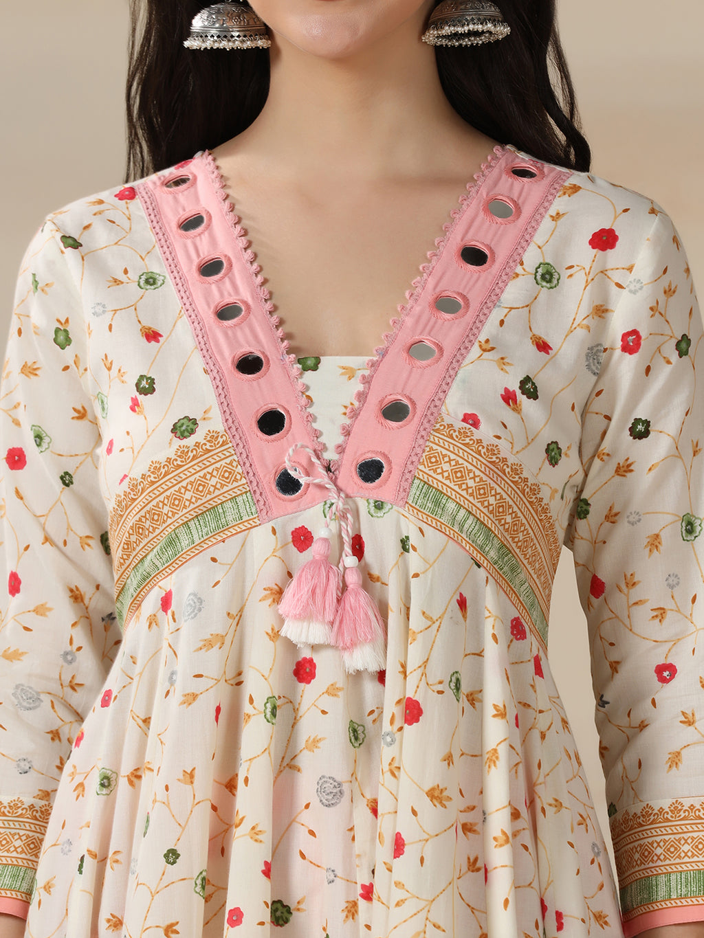 Cream Pure Cotton Printed Mirror Work V-Neck 3/4 Sleeves Calf Length Flared Kurta Pant And Dupatta Set Mizazjaipur