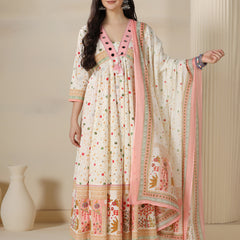 Cream Pure Cotton Printed Mirror Work V-Neck 3/4 Sleeves Calf Length Flared Kurta Pant And Dupatta Set Mizazjaipur