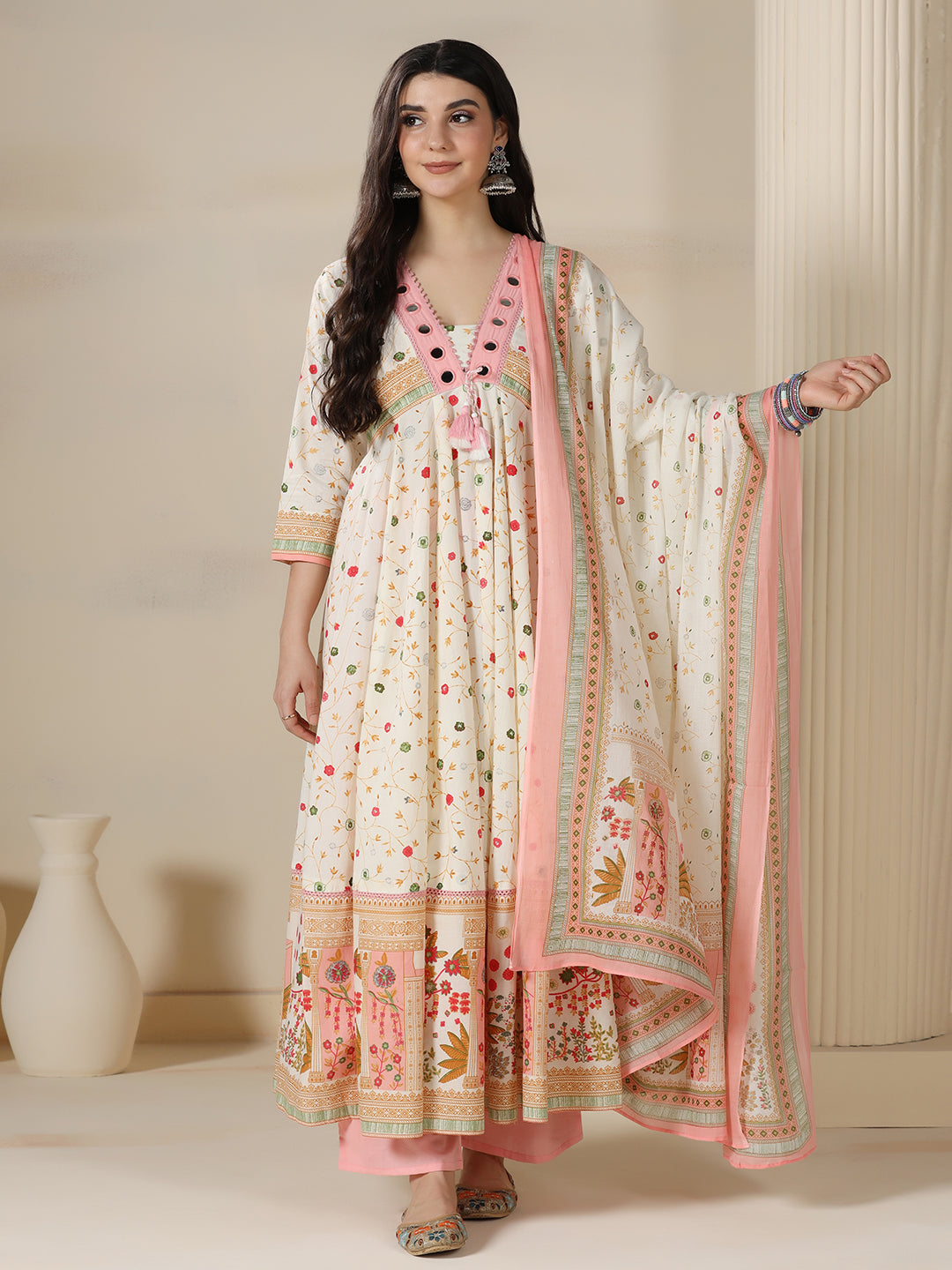Cream Pure Cotton Printed Mirror Work V-Neck 3/4 Sleeves Calf Length Flared Kurta Pant And Dupatta Set Mizazjaipur