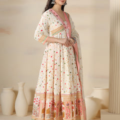 Cream Pure Cotton Printed Mirror Work V-Neck 3/4 Sleeves Calf Length Flared Kurta Pant And Dupatta Set Mizazjaipur