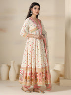Cream Pure Cotton Printed Mirror Work V-Neck 3/4 Sleeves Calf Length Flared Kurta Pant And Dupatta Set Mizazjaipur