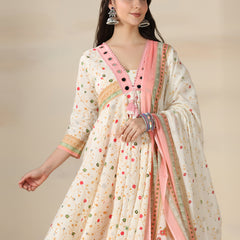 Cream Pure Cotton Printed Mirror Work V-Neck 3/4 Sleeves Calf Length Flared Kurta Pant And Dupatta Set Mizazjaipur
