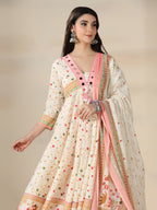 Cream Pure Cotton Printed Mirror Work V-Neck 3/4 Sleeves Calf Length Flared Kurta Pant And Dupatta Set Mizazjaipur