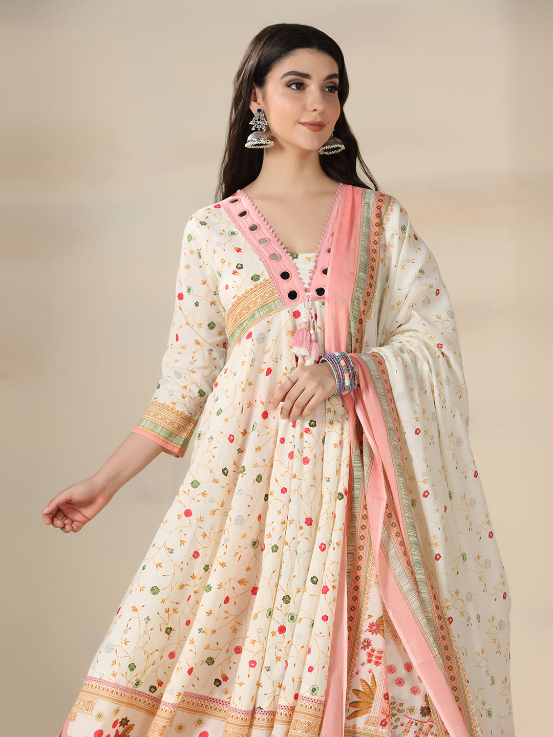 Cream Pure Cotton Printed Mirror Work V-Neck 3/4 Sleeves Calf Length Flared Kurta Pant And Dupatta Set Mizazjaipur