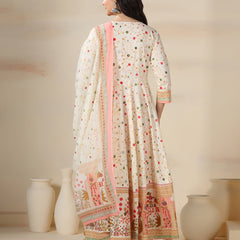 Cream Pure Cotton Printed Mirror Work V-Neck 3/4 Sleeves Calf Length Flared Kurta Pant And Dupatta Set Mizazjaipur